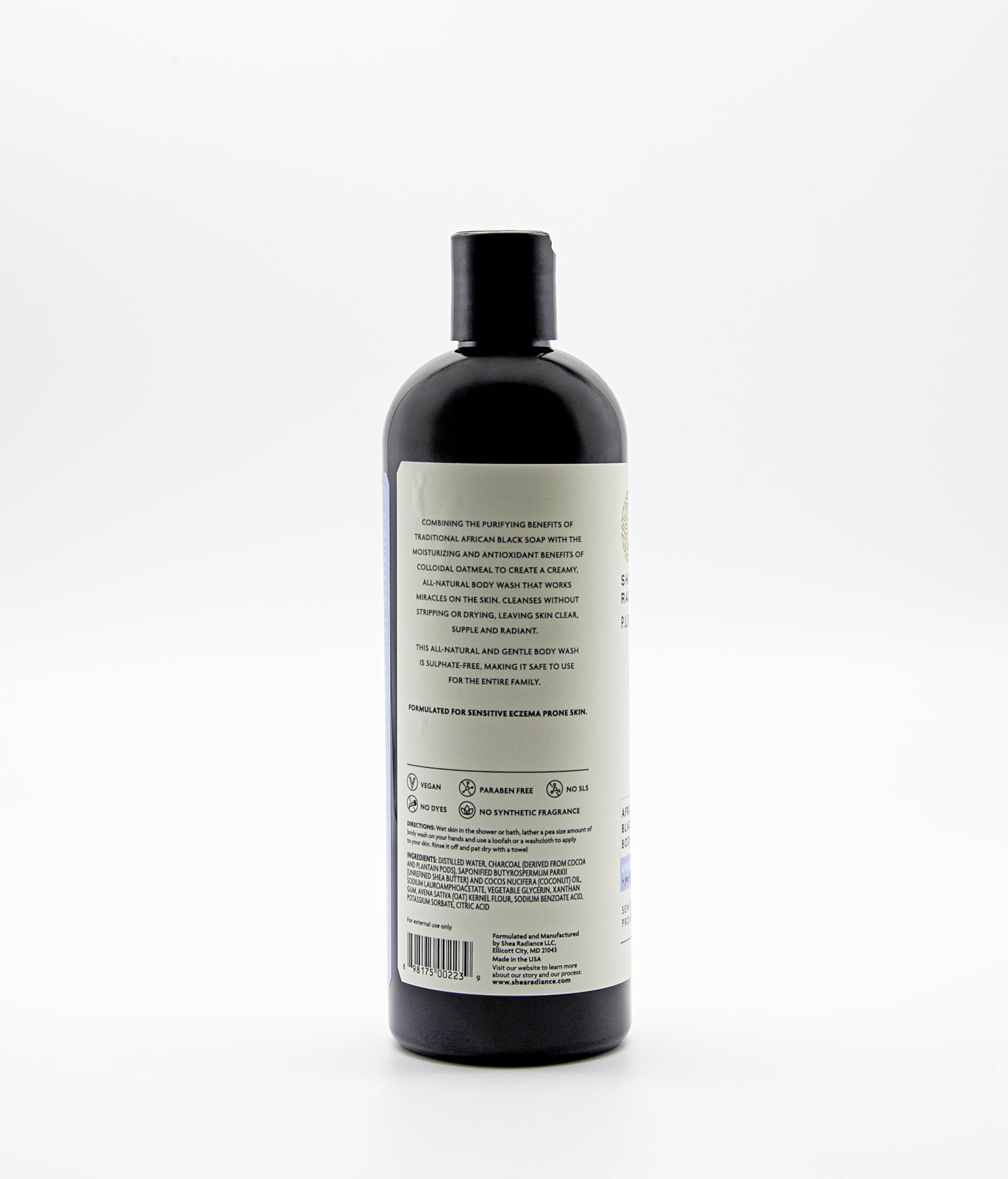 Shea Radiance African Black Soap Body Wash - Dry Skin, Eczema, Rashes, Blemish Cleanser | Unscented (16 oz)